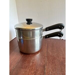 Vintage Revere Ware Copper Bottom Double Boiler 2 Piece Set with Lid Stainless